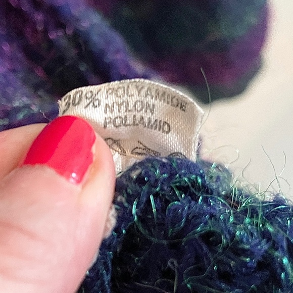 Vintage Knit Sweater/Tunic/dress Polo Stripes Metallic Iridescent purple Teal L - Picture 9 of 12